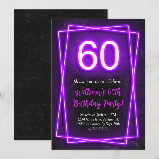 60th Neon Lights Retro Zwart Chic Sixty Verjaardag Kaart (Voorkant / Achterkant)