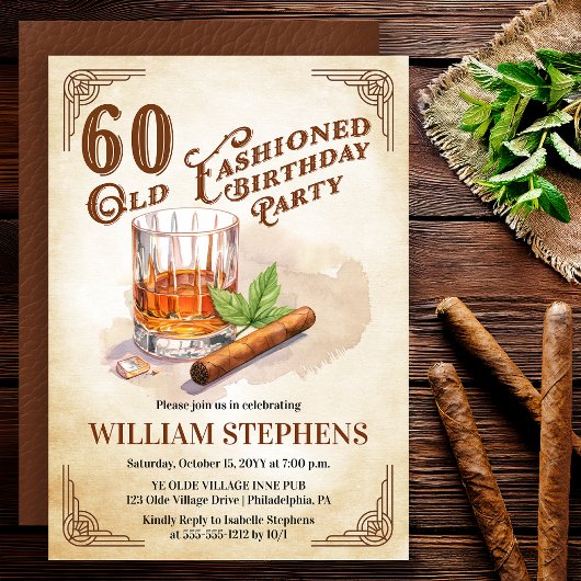 60th Old Fashioned Whiskey Cigar Birthday Party Kaart