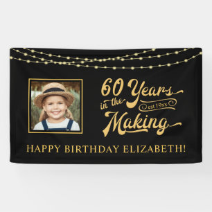 60th Verjaardag Zwart en Goud String Lights Foto Spandoek