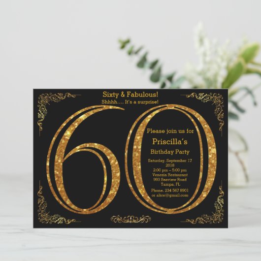 60th, Verjaardagsfeest, Sixty, Gatsby, zwart en go Kaart (Staand voorkant)