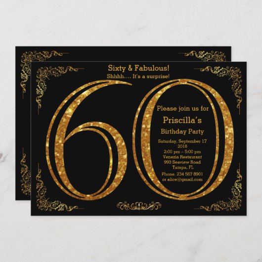 60th, Verjaardagsfeest, Sixty, Gatsby, zwart en go Kaart (Voorkant / Achterkant)