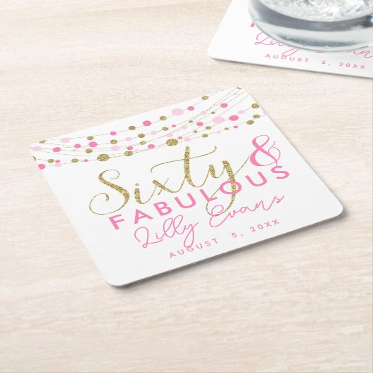 60th verjaardagsgoud en roze onderzetters aangepas (Schuin)