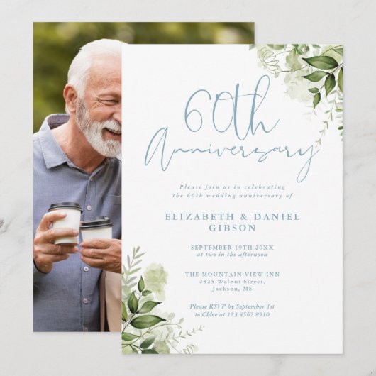 60th Wedding Anniversary Greenery Floral Photo Kaart (Voorkant / Achterkant)