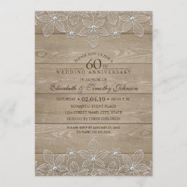 60th Wedding Jubileum Rustic Wood Lace Kaart