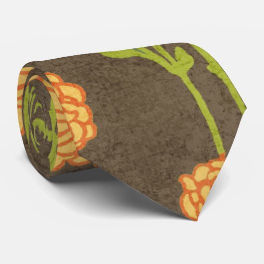 6184_floreel-oranje-groen-bruin RETRO FLOWERS VINE Stropdas (Opgerold)