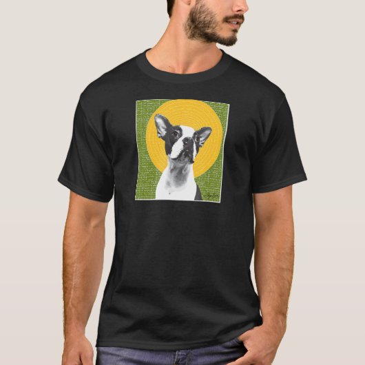 619 Hugo met een halo Boston Terrier Halo Green T-shirt (Voorkant)