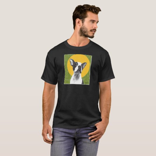 619 Hugo met een halo Boston Terrier Halo Green T-shirt (Voorkant volledig)