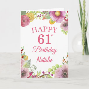 61e Birthday Waterverf Floral Flowers Pink Card Kaart