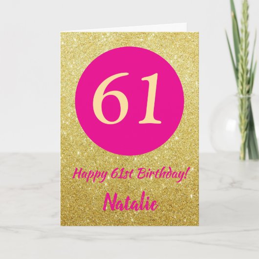 61e Happy Birthday Hot Pink en Gold Glitter Kaart (Voorkant)