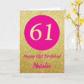 61e Happy Birthday Hot Pink en Gold Glitter Kaart (Gele Bloem)