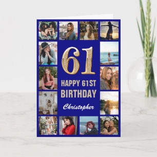 61e Happy Birthday Navy Blue & Gold Photo Collage Kaart