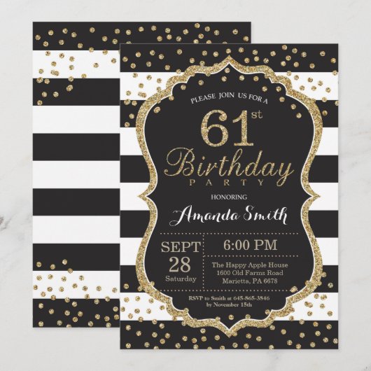 61e uitnodiging van de verjaardag. Zwart en goudgl (Voorkant / Achterkant)