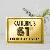 61e verjaardag — Art Deco Style "61" & naam Folie Uitnodiging (Staand Voorkant)