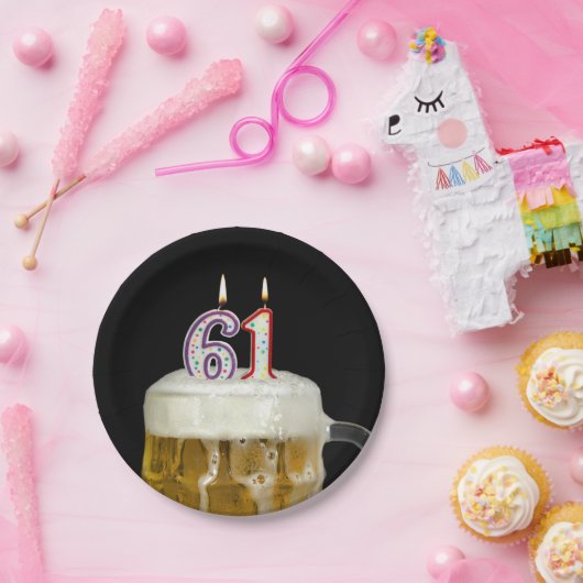 61e verjaardag bier met kaars papieren bordje (Feest)