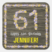 61e verjaardag: Bloemgetal, Faux Wood Look, Naam Vierkante Sticker (Voorkant)