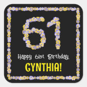 61e verjaardag: Floral Flowers Number, Custom Name Vierkante Sticker (Voorkant)