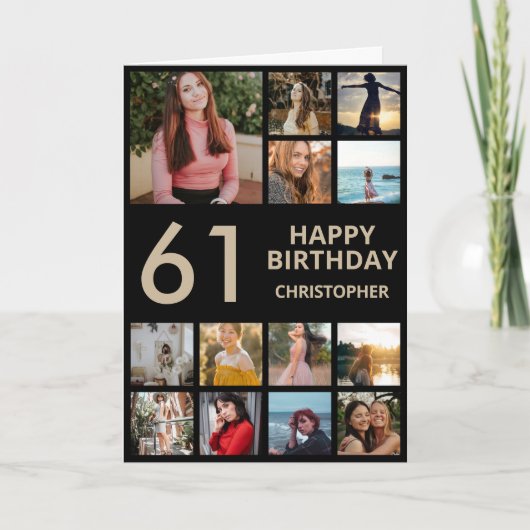 61e verjaardag Foto Collage 13 Foto's Black & Gold Kaart (Voorkant)