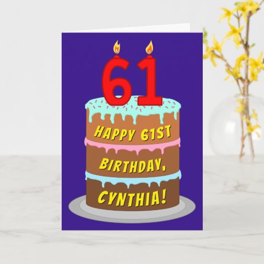 61e verjaardag: Fun Cake and Candles + Custom Name Kaart (Gele Bloem)