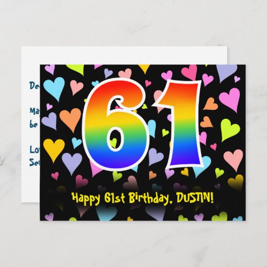 61e verjaardag: Fun Hearts-patroon, Regenboog 61 Briefkaart (Voorkant / Achterkant)
