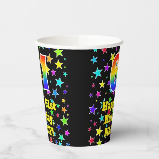 61e verjaardag: Fun Stars Pattern en Rainbow 61 Papieren Bekers (Links)