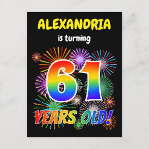 61e verjaardag - Leuk vuurwerk, regenbooglook "61" Briefkaart
