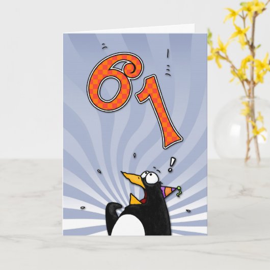 61e verjaardag - Penguin Surprise Kaart (Gele Bloem)