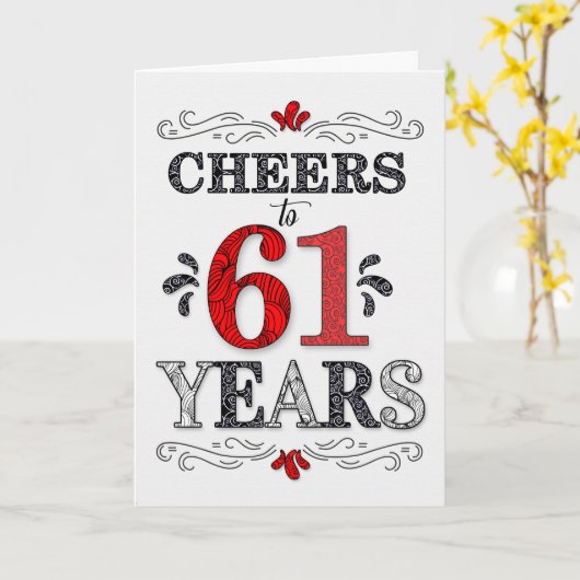 61e verjaardag Proost in rood wit zwart patroon Kaart (Gele Bloem)