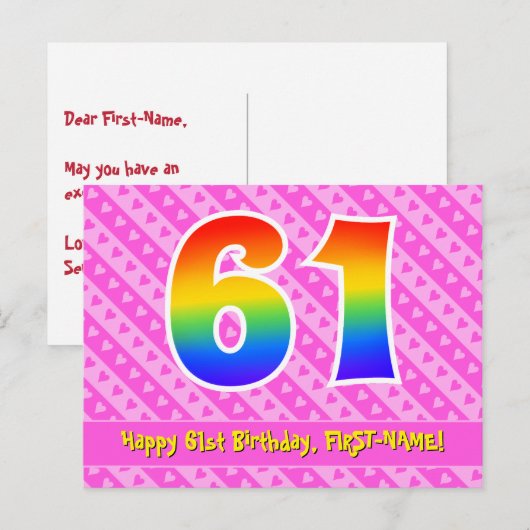 61e verjaardag: Roze strepen & harten, Regenboog 6 Briefkaart (Voorkant / Achterkant)