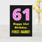 61e verjaardag: Roze strips en harten "61" + Naam Kaart (Gele Bloem)