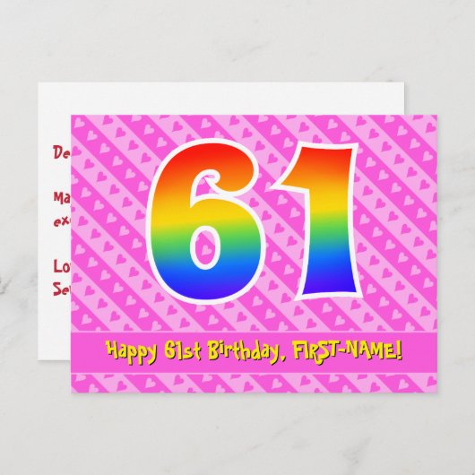 61e verjaardag: Roze strips en harten, regenboog 6 Briefkaart (Voorkant / Achterkant)