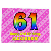 61e verjaardag: Roze strips & harten, regenboognr. Groot Cadeauzakje (Achterkant)