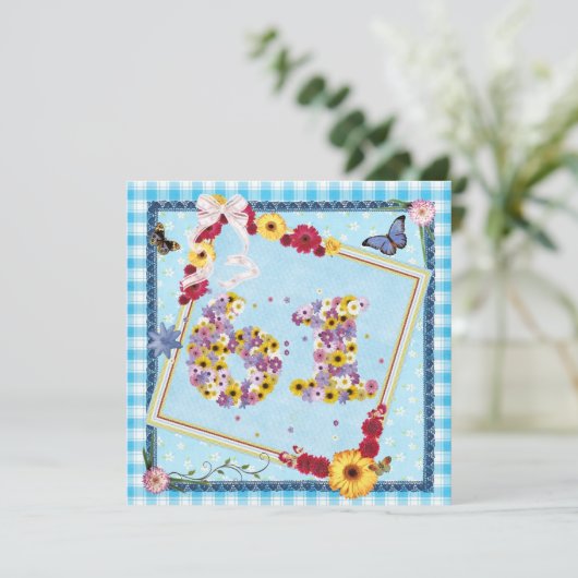 61e Verjaardag Uitnodiging bloemen, vlinders (Staand voorkant)