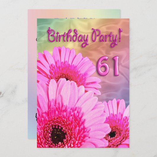 61e verjaardag uitnodiging met roze bloemen (Voorkant / Achterkant)