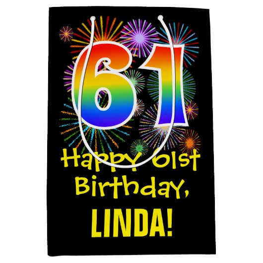 61e verjaardag: Vuurwerk Fun Pattern + Regenboog 6 Medium Cadeauzakje (Voorkant)