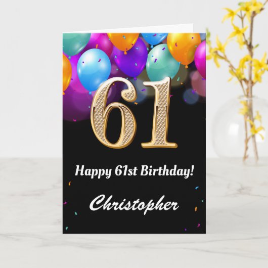 61e verjaardag zwarte en gouden kleurrijke ballonn kaart (Gele Bloem)