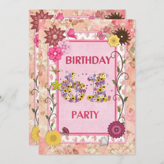 61e verjaardagsfeestuitnodiging met bloemenlijst kaart (Voorkant / Achterkant)