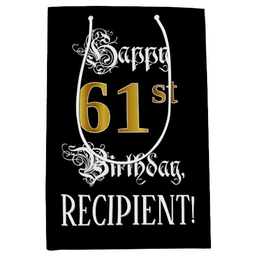 61st Birthday ~ Fancy script; Faux Gold look; naam Medium Cadeauzakje (Voorkant)