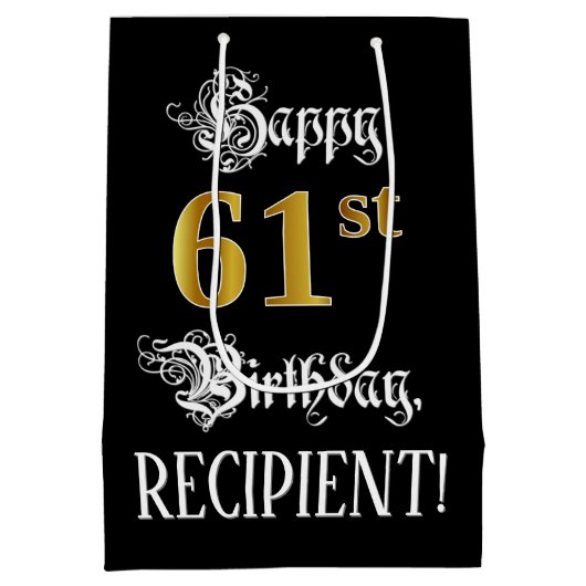 61st Birthday ~ Fancy script; Faux Gold look; naam Medium Cadeauzakje (Achterkant)