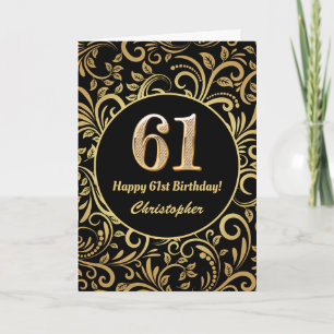 61ste Birthday Black en Gold Floral Pattern Kaart