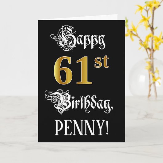 61ste verjaardag — Fancy script; Faux Gold Kijk; n Kaart (Gele Bloem)