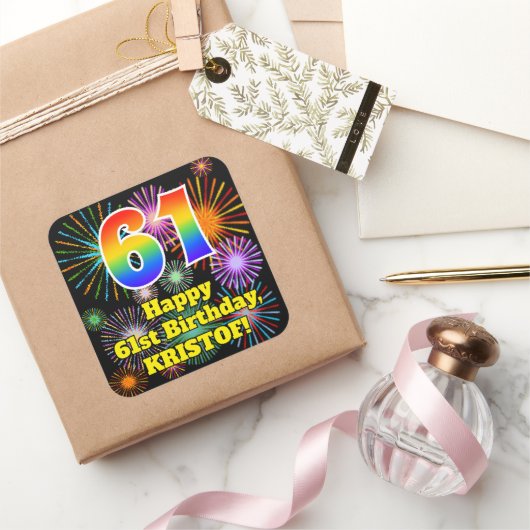 61ste verjaardag: Fun Fireworks Kijk, regenboog #  Vierkante Sticker (Geschenken)