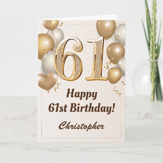61ste verjaardag goudballonnen en Confetti verjaar Kaart (Voorkant)