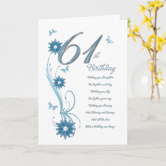 61ste verjaardag in blauwgroen met bloemen en vlin kaart (Gele Bloem)