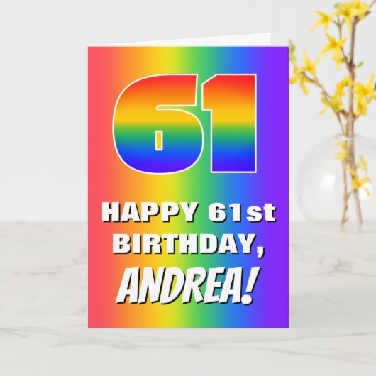 61ste verjaardag: kleurrijk, vun regenboogpatroon  kaart (Gele Bloem)