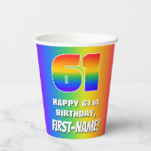 61ste verjaardag: kleurrijk, vun regenboogpatroon papieren bekers (Achterkant)