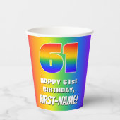 61ste verjaardag: kleurrijk, vun regenboogpatroon papieren bekers (Voorkant)