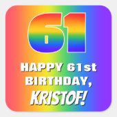 61ste verjaardag: kleurrijk, vun regenboogpatroon vierkante sticker (Voorkant)