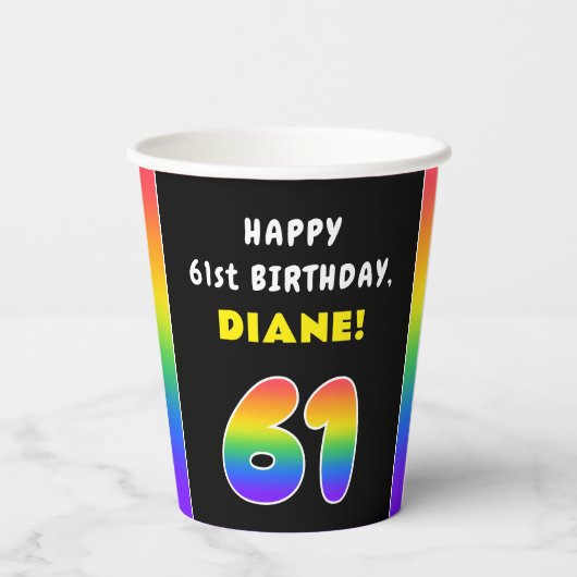 61ste verjaardag: kleurrijke regenboog # 61, Naam  Papieren Bekers (Achterkant)
