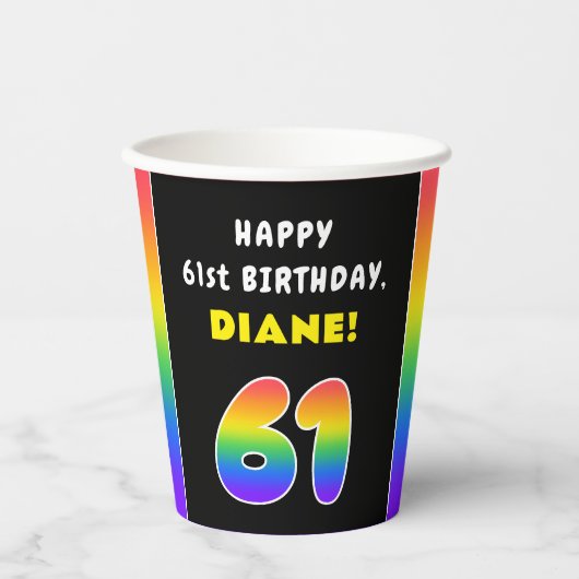 61ste verjaardag: kleurrijke regenboog # 61, Naam  Papieren Bekers (Voorkant)
