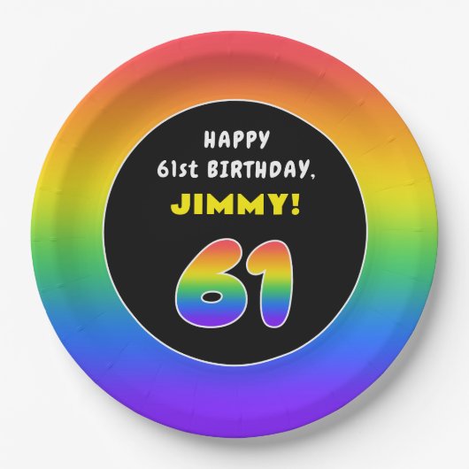 61ste verjaardag: kleurrijke regenboog # 61, Naam  Papieren Bordje (Voorkant)